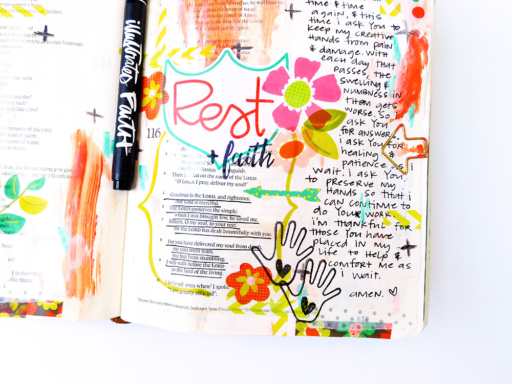 hybrid printables mixed media Bible journaling entry by Elaine Davis | The Importance of Restful Worship