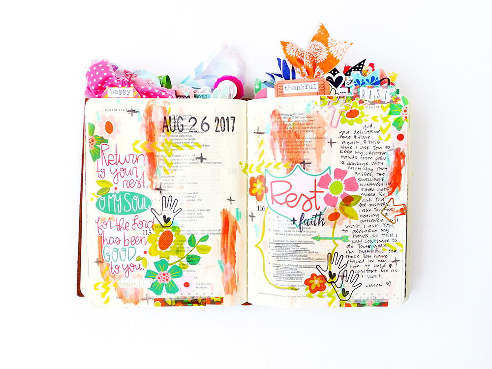 hybrid printables mixed media Bible journaling entry by Elaine Davis | The Importance of Restful Worship