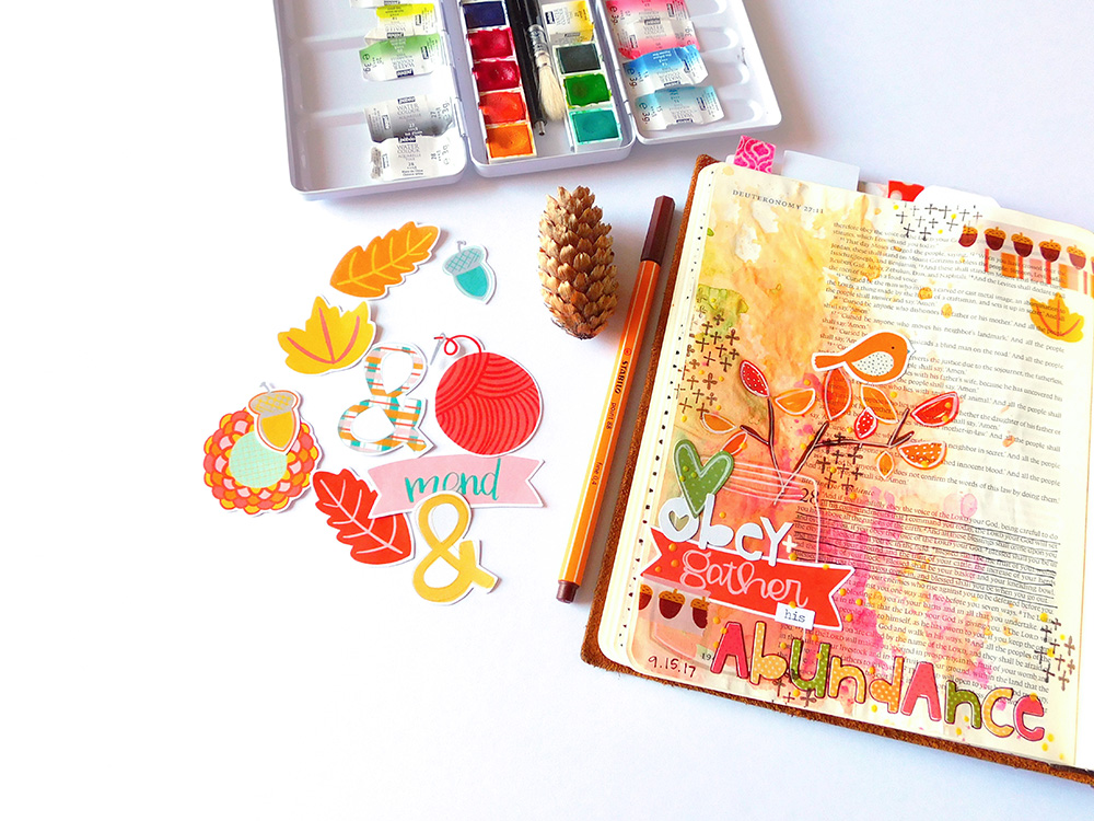 mixed media hybrid Bible Journaling entry by Elaine Davis using digital printables | Obedience = Abundance