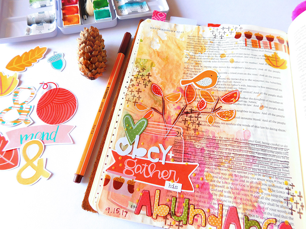 mixed media hybrid Bible Journaling entry by Elaine Davis using digital printables |  Obedience = Abundance