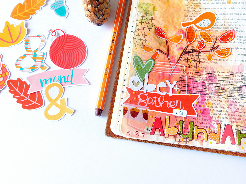 mixed media hybrid Bible Journaling entry by Elaine Davis using digital printables |  Obedience = Abundance