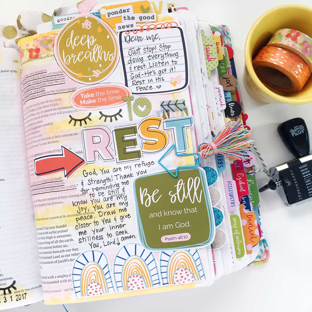 hybrid Bible journaling entry using digital printables by Cristin Howell | Time to Rest