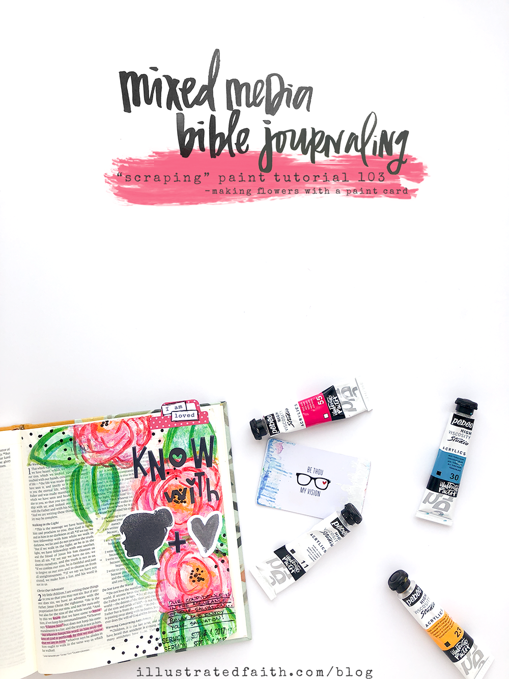 mixed media Bible journaling tutorial by Heather Greenwood | scraping paint in curved shapes to create flowers