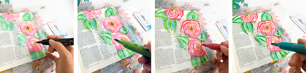 mixed media Bible journaling tutorial by Heather Greenwood | scraping paint in curved shapes to create flowers
