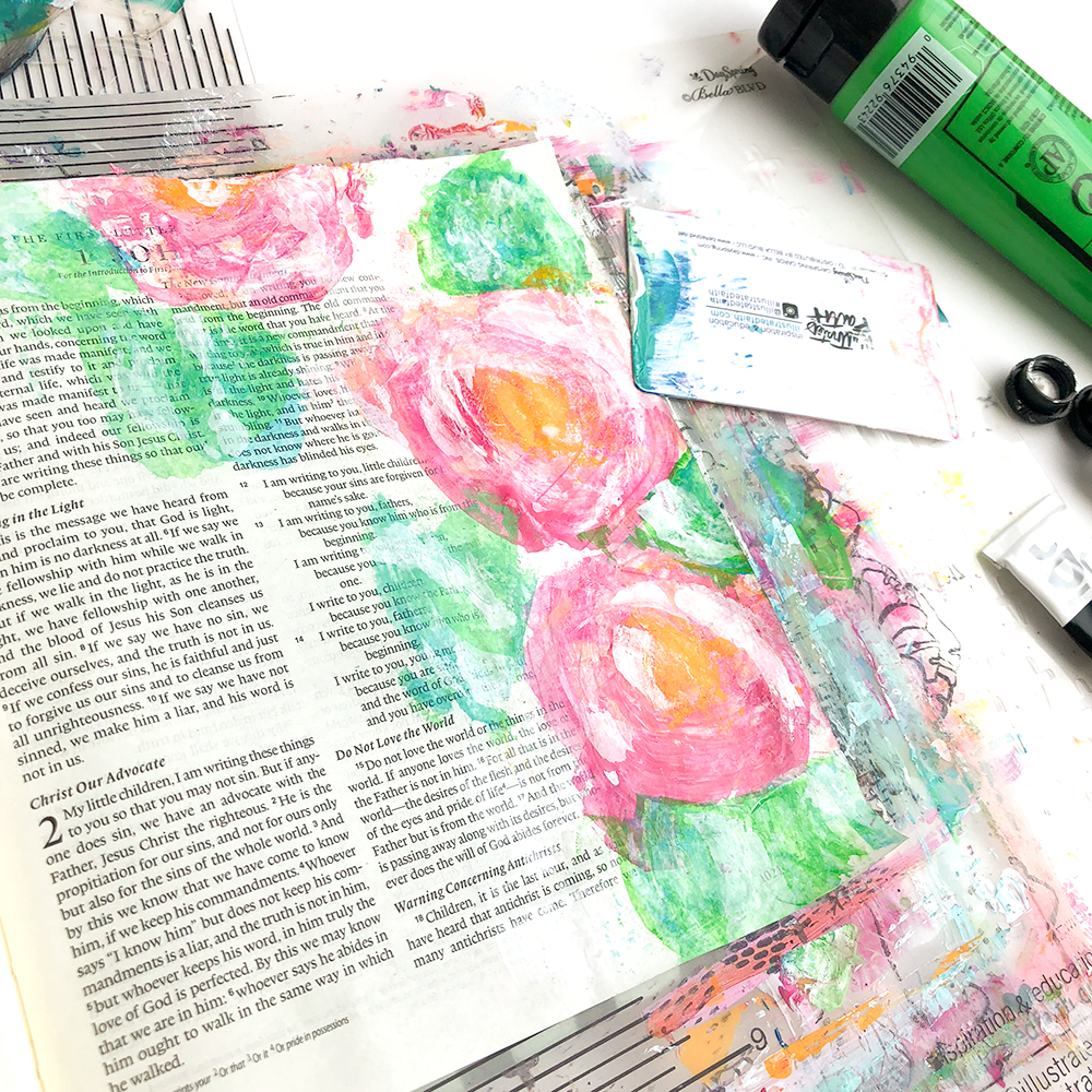 mixed media Bible journaling tutorial by Heather Greenwood | scraping paint in curved shapes to create flowers