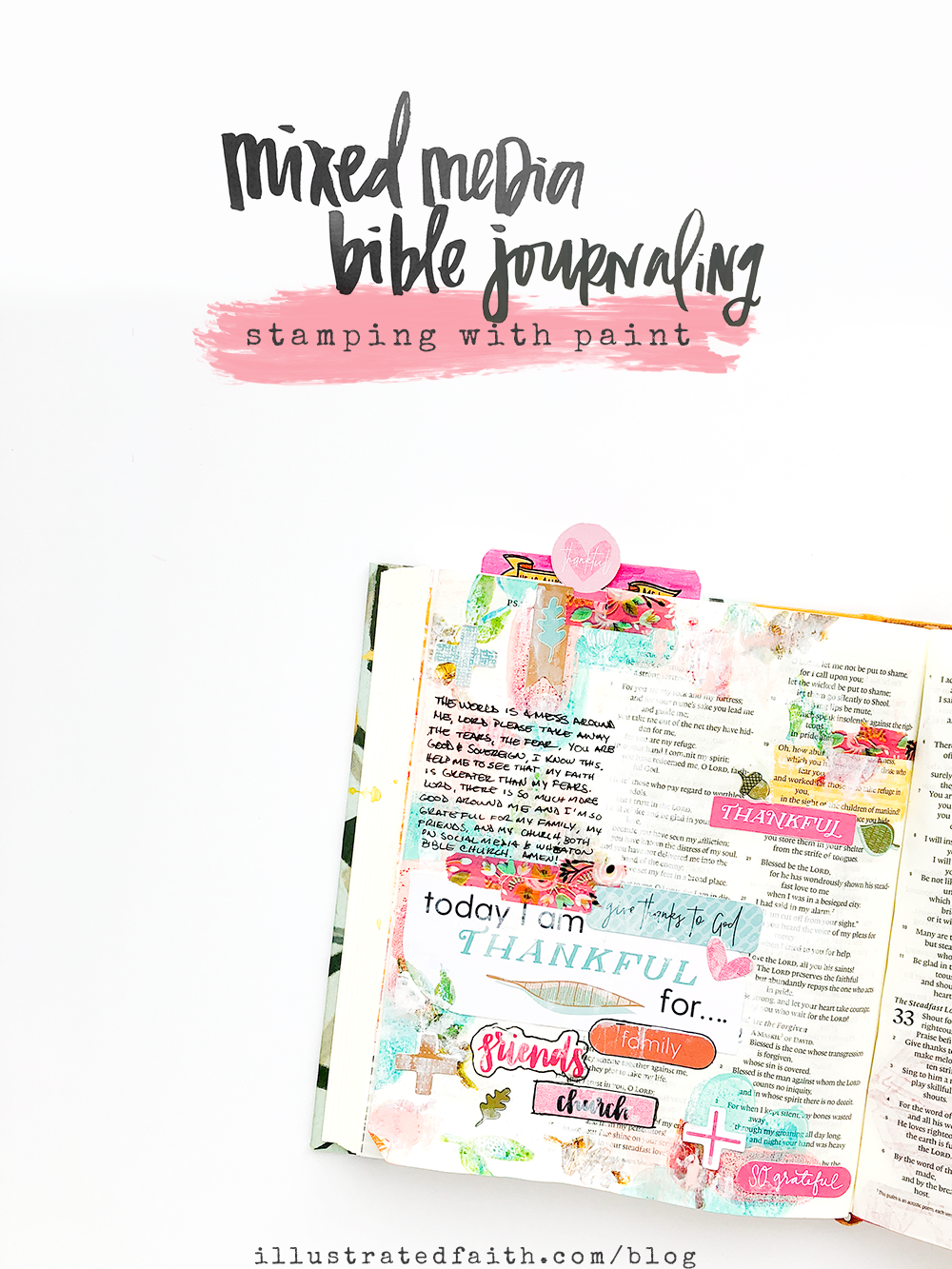 mixed media Bible journaling tutorial - painted stamping by Heather Greenwood | Illustrated Faith Gratitude Documented Collection