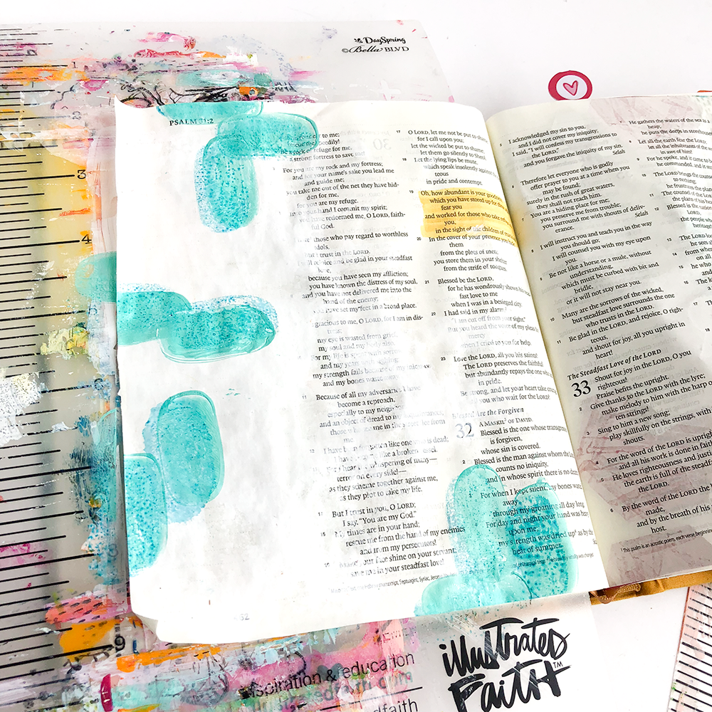 mixed media Bible journaling tutorial - painted stamping by Heather Greenwood | Illustrated Faith Gratitude Documented Collection