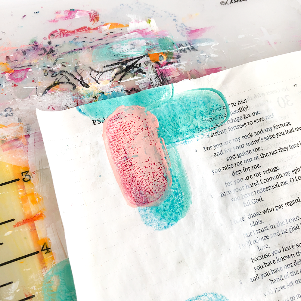 mixed media Bible journaling tutorial - painted stamping by Heather Greenwood | Illustrated Faith Gratitude Documented Collection