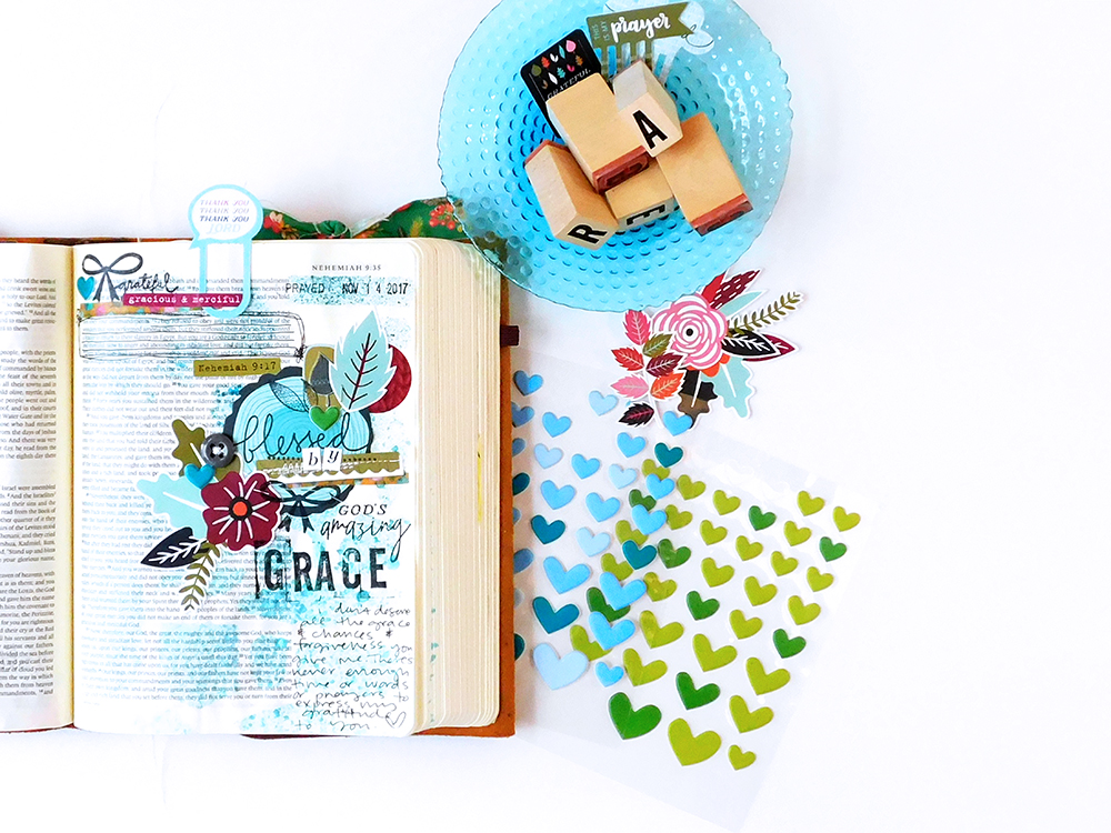 hybrid Bible Journaling by Elaine Davis using digital printables | Gratitude Documented Day 14 | Grace [Nehemiah 9:17] | Illustrated Faith Print and Pray