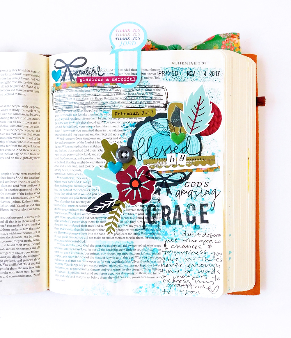 hybrid Bible Journaling by Elaine Davis using digital printables | Gratitude Documented Day 14 | Grace [Nehemiah 9:17] | Illustrated Faith Print and Pray