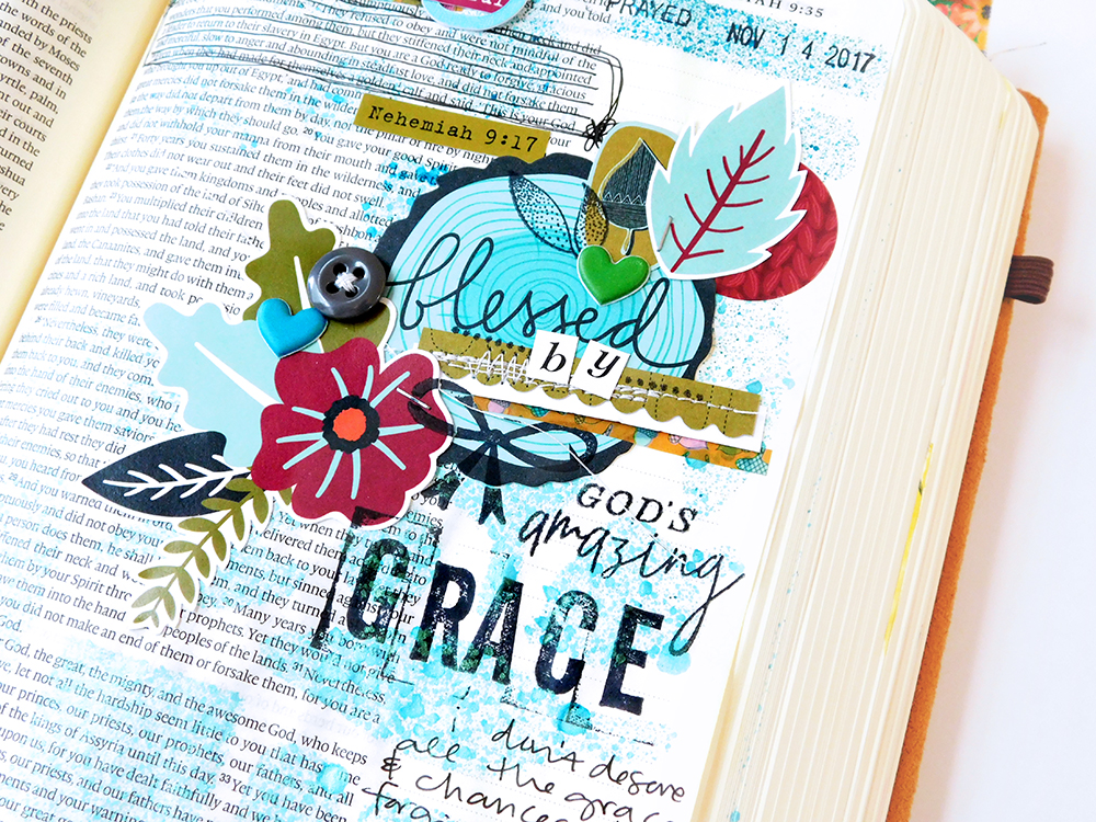 hybrid Bible Journaling by Elaine Davis using digital printables | Gratitude Documented Day 14 | Grace [Nehemiah 9:17] | Illustrated Faith Print and Pray