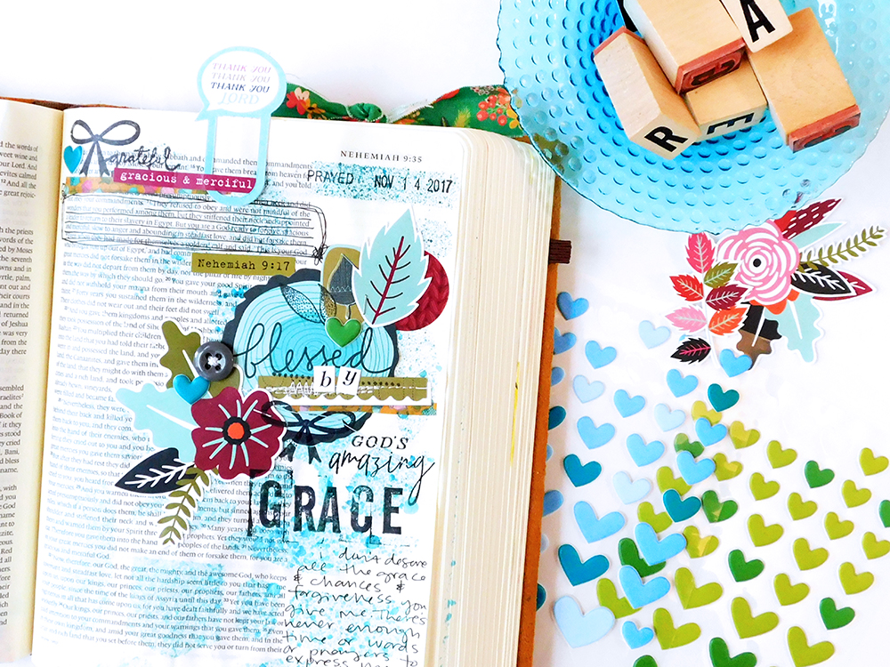hybrid Bible Journaling by Elaine Davis using digital printables | Gratitude Documented Day 14 | Grace [Nehemiah 9:17] | Illustrated Faith Print and Pray