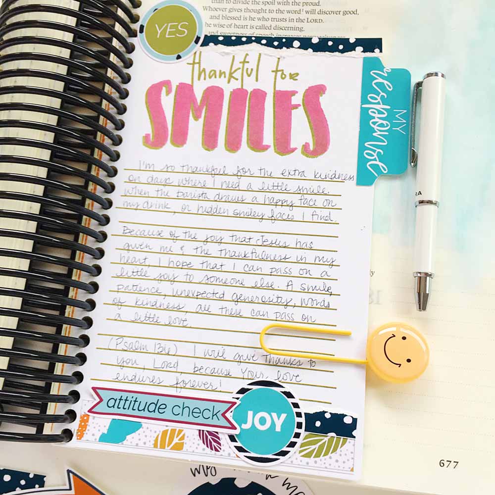 hybrid Bible journaling entry by Cristin Howell using digtial printables | Gratitude Documented Day 16 | Smiles [Proverbs 15:30]