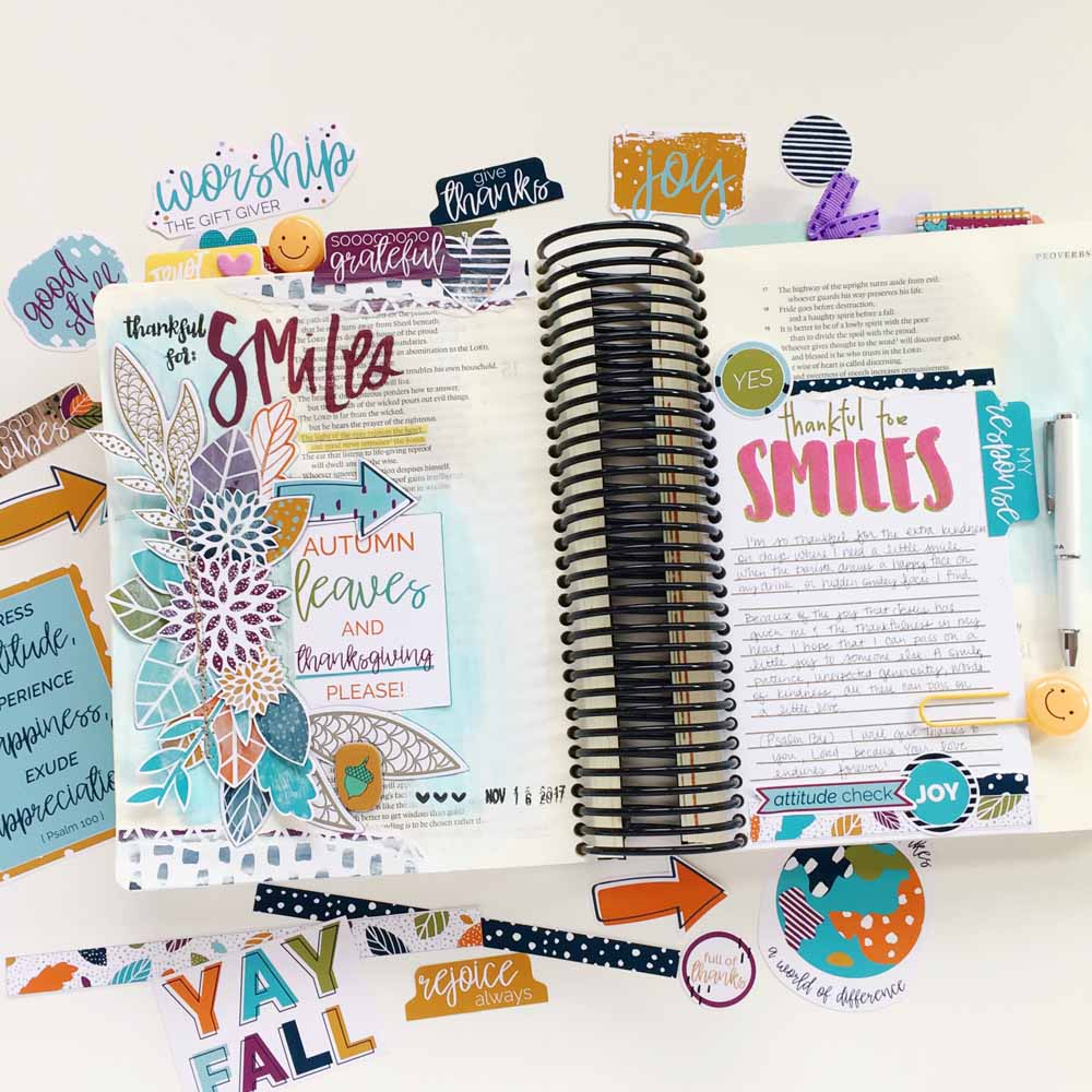 hybrid Bible journaling entry by Cristin Howell using digtial printables | Gratitude Documented Day 16 | Smiles [Proverbs 15:30]