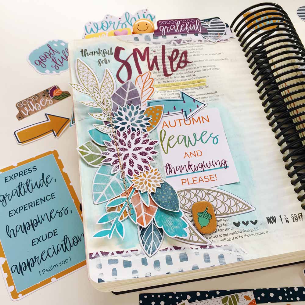 hybrid Bible journaling entry by Cristin Howell using digtial printables | Gratitude Documented Day 16 | Smiles [Proverbs 15:30]