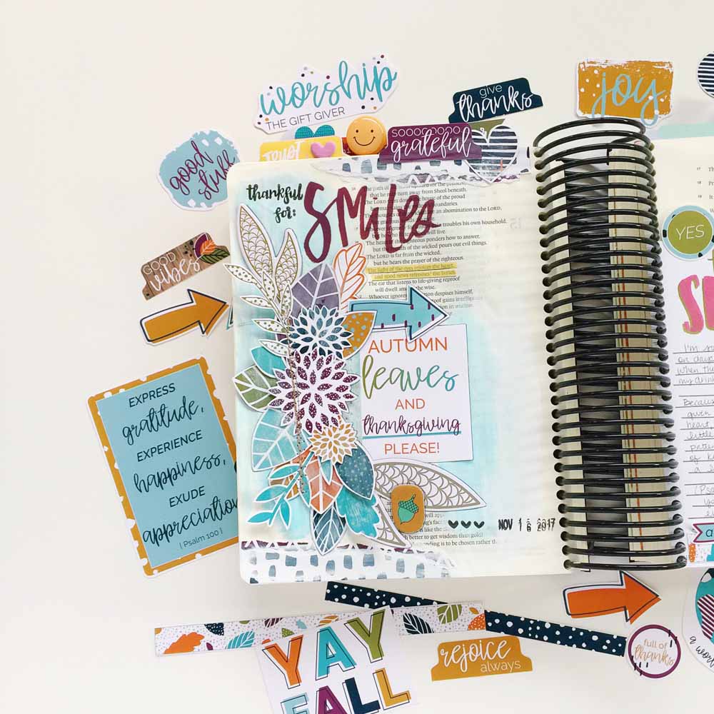 hybrid Bible journaling entry by Cristin Howell using digtial printables | Gratitude Documented Day 16 | Smiles [Proverbs 15:30]