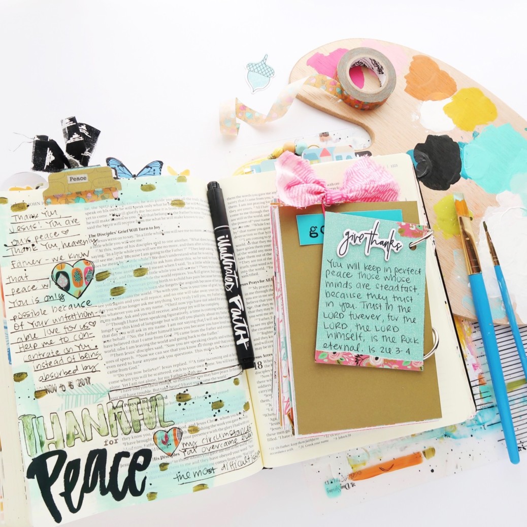mixed media bible journaling entry by Jillian Ungerbuehler | Gratitude Documented Day 6 | Peace [John 16:33]