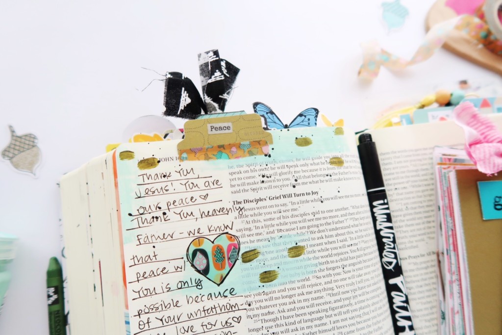 mixed media bible journaling entry by Jillian Ungerbuehler | Gratitude Documented Day 6 | Peace [John 16:33]