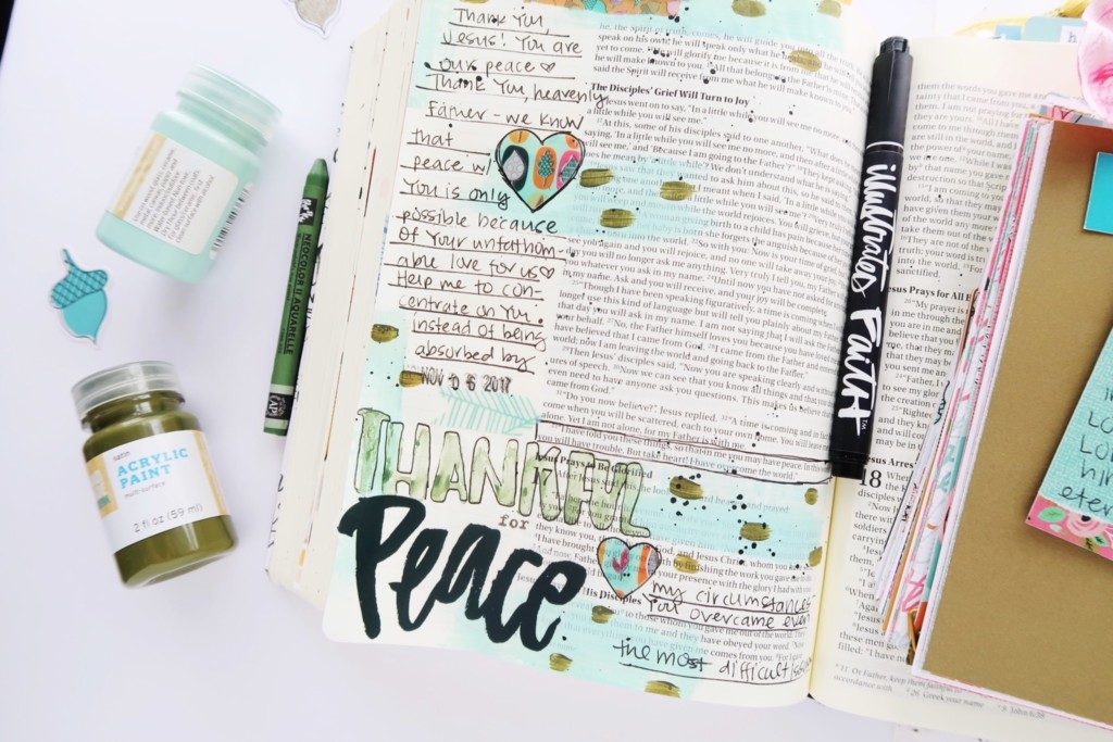 mixed media bible journaling entry by Jillian Ungerbuehler | Gratitude Documented Day 6 | Peace [John 16:33]