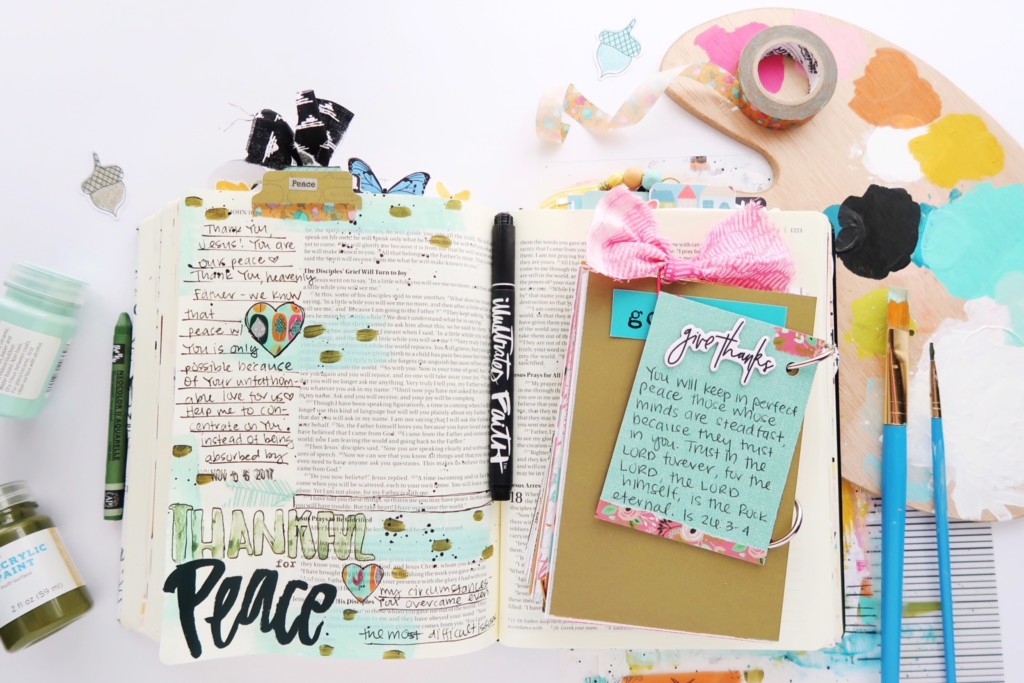 mixed media bible journaling entry by Jillian Ungerbuehler | Gratitude Documented Day 6 | Peace [John 16:33]