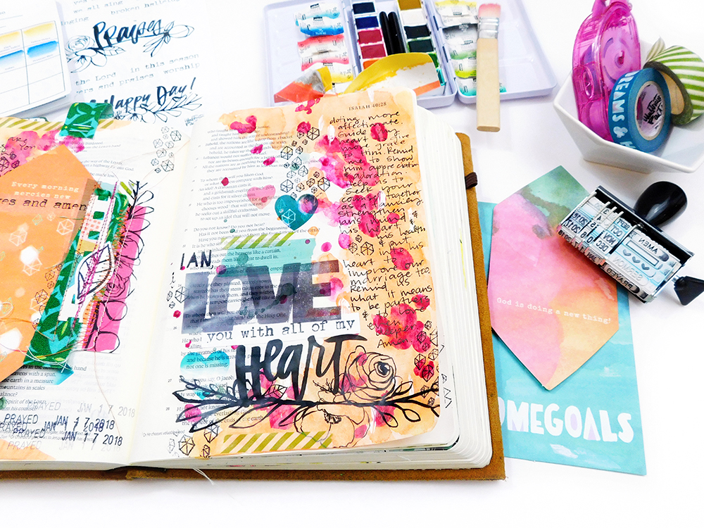 mixed media Bible journaling entry by Elaine Davis using hybrid printables | Mixing Printables with Devotional Kits
