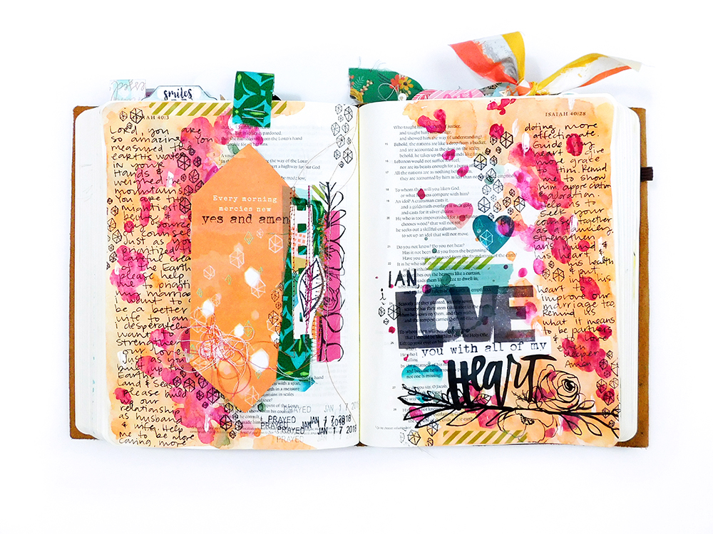mixed media Bible journaling entry by Elaine Davis using hybrid printables | Mixing Printables with Devotional Kits