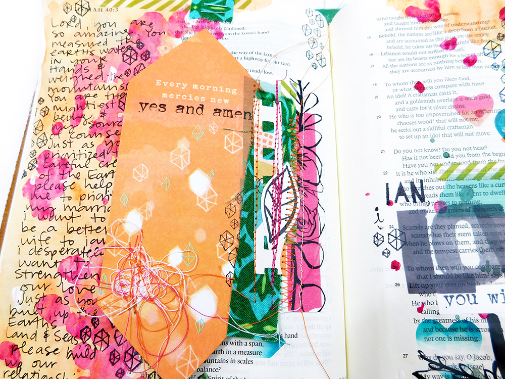mixed media Bible journaling entry by Elaine Davis using hybrid printables | Mixing Printables with Devotional Kits