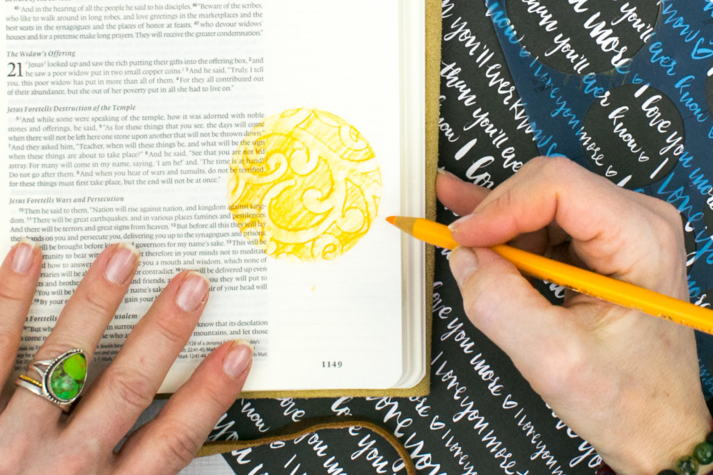 mixed media Bible Journaling Tutorial by Amy Bruce | Adding Texture with Pencil Rubbings - Widows Coin