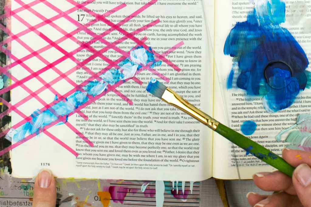 Mixed Media Bible Journaling Tutorial by Amy Bruce using Highligher Tape, All Peoples All Nations, and Brush Lettering Clear Stickers | Not of this World - Washi Tape Masking with Acrylics