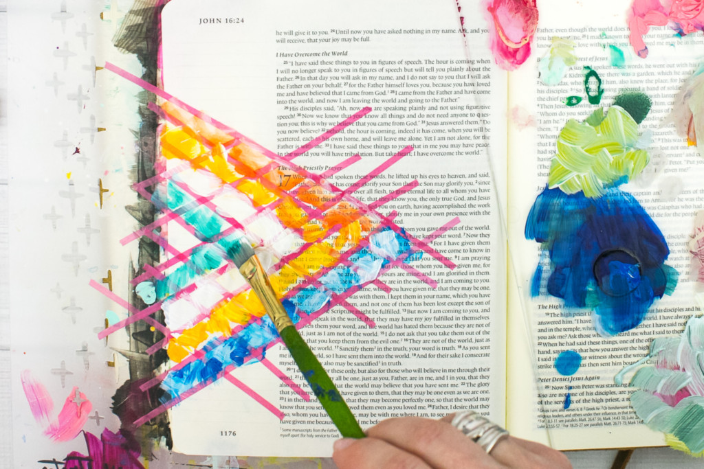 Mixed Media Bible Journaling Tutorial by Amy Bruce using Highligher Tape, All Peoples All Nations, and Brush Lettering Clear Stickers | Not of this World - Washi Tape Masking with Acrylics