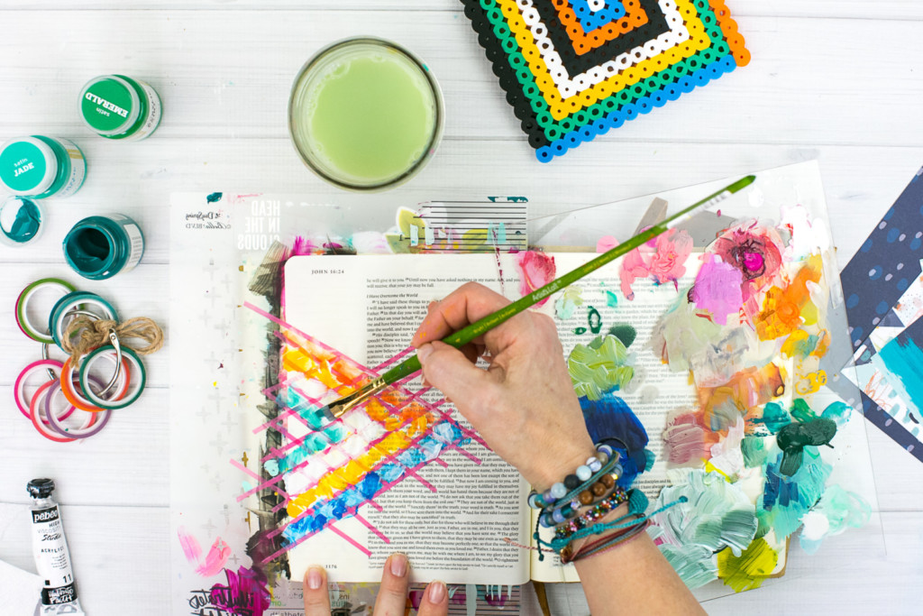 Mixed Media Bible Journaling Tutorial by Amy Bruce using Highligher Tape, All Peoples All Nations, and Brush Lettering Clear Stickers | Not of this World - Washi Tape Masking with Acrylics