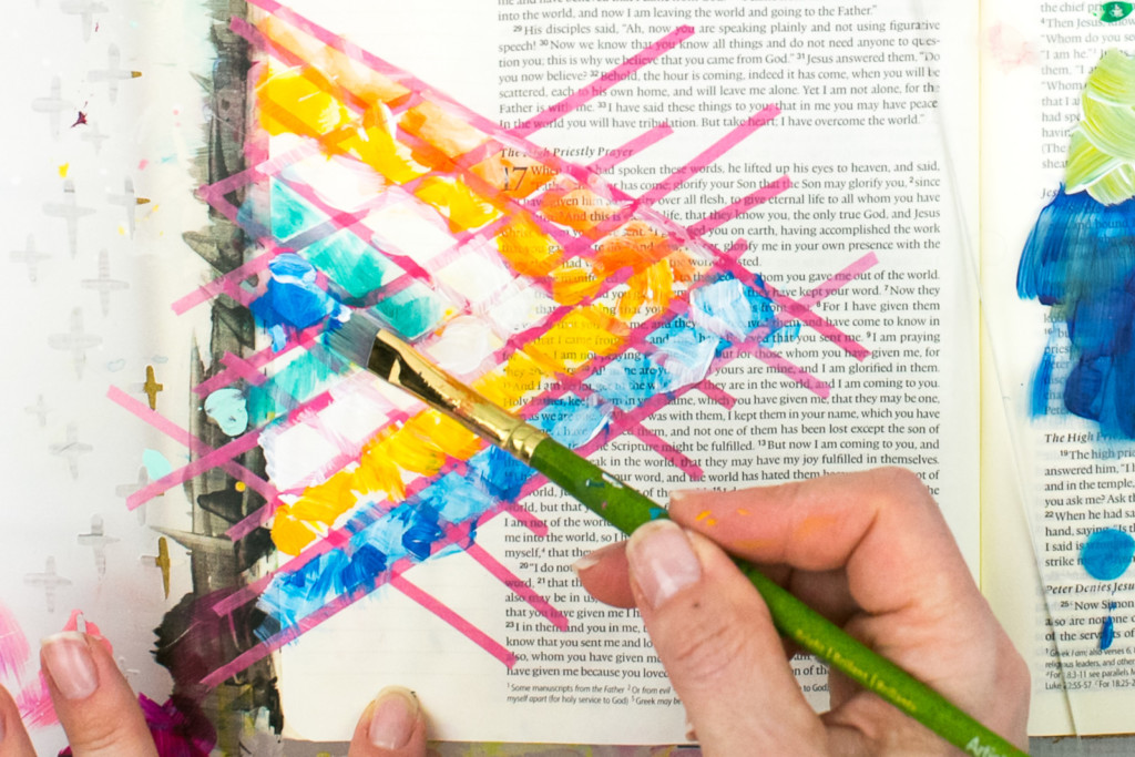 Mixed Media Bible Journaling Tutorial by Amy Bruce using Highligher Tape, All Peoples All Nations, and Brush Lettering Clear Stickers | Not of this World - Washi Tape Masking with Acrylics