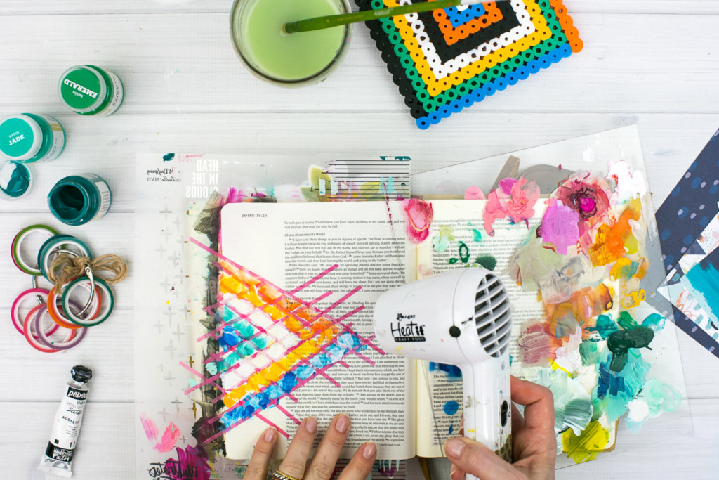 Mixed Media Bible Journaling Tutorial by Amy Bruce using Highligher Tape, All Peoples All Nations, and Brush Lettering Clear Stickers | Not of this World - Washi Tape Masking with Acrylics