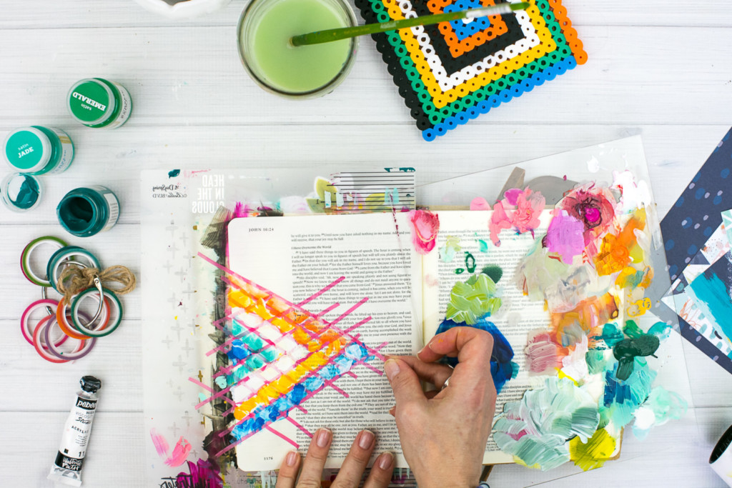 Mixed Media Bible Journaling Tutorial by Amy Bruce using Highligher Tape, All Peoples All Nations, and Brush Lettering Clear Stickers | Not of this World - Washi Tape Masking with Acrylics