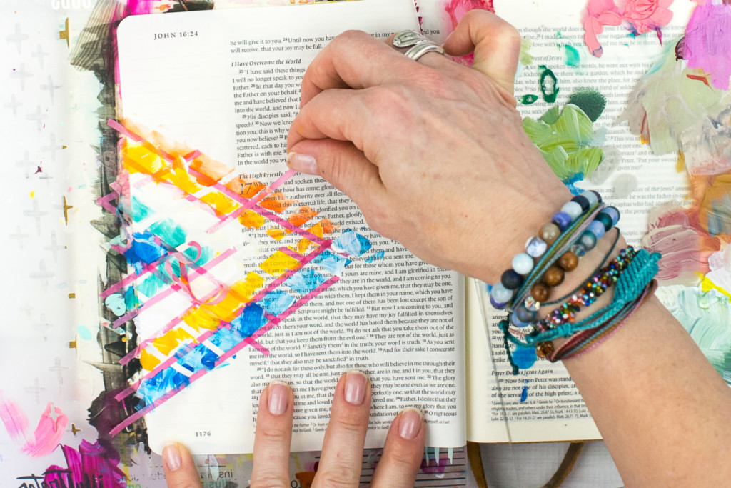Mixed Media Bible Journaling Tutorial by Amy Bruce using Highligher Tape, All Peoples All Nations, and Brush Lettering Clear Stickers | Not of this World - Washi Tape Masking with Acrylics