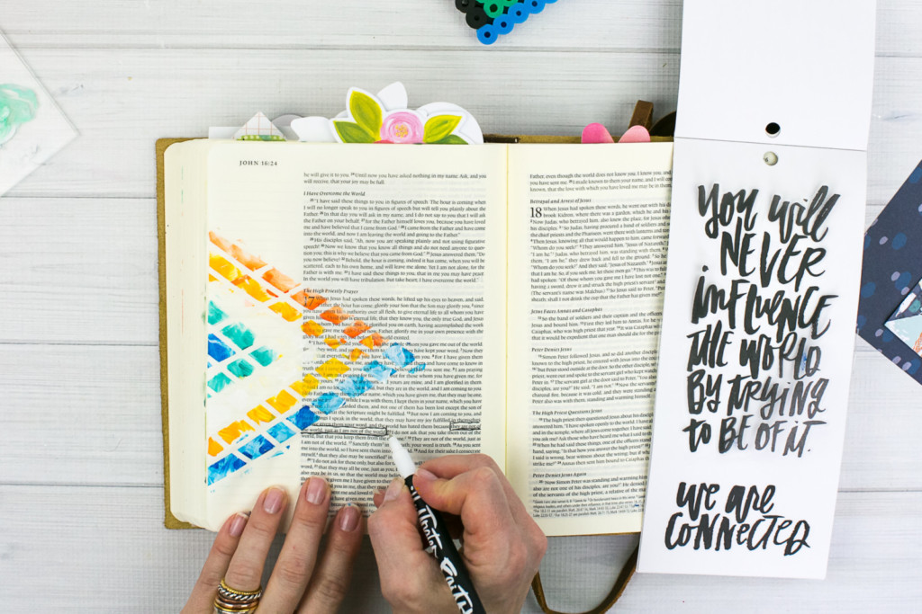 Mixed Media Bible Journaling Tutorial by Amy Bruce using Highligher Tape, All Peoples All Nations, and Brush Lettering Clear Stickers | Not of this World - Washi Tape Masking with Acrylics