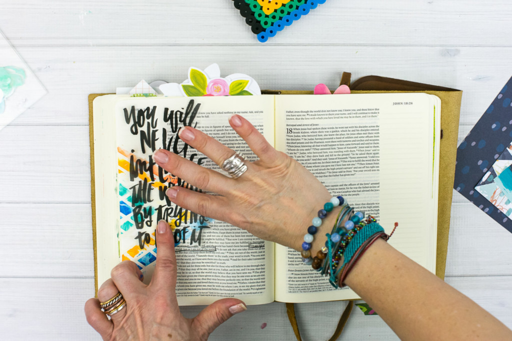 Mixed Media Bible Journaling Tutorial by Amy Bruce using Highligher Tape, All Peoples All Nations, and Brush Lettering Clear Stickers | Not of this World - Washi Tape Masking with Acrylics