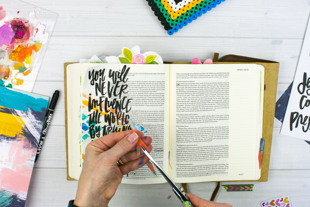 Mixed Media Bible Journaling Tutorial by Amy Bruce using Highligher Tape, All Peoples All Nations, and Brush Lettering Clear Stickers | Not of this World - Washi Tape Masking with Acrylics