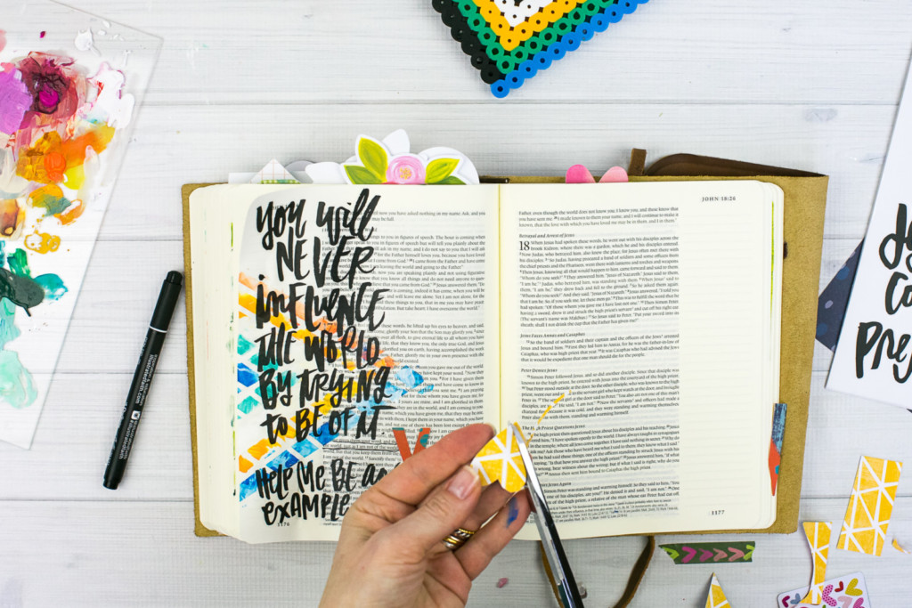 Mixed Media Bible Journaling Tutorial by Amy Bruce using Highligher Tape, All Peoples All Nations, and Brush Lettering Clear Stickers | Not of this World - Washi Tape Masking with Acrylics