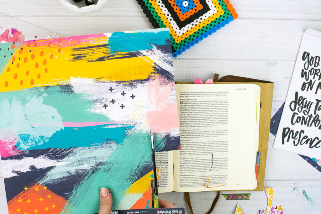 Mixed Media Bible Journaling Tutorial by Amy Bruce using Highligher Tape, All Peoples All Nations, and Brush Lettering Clear Stickers | Not of this World - Washi Tape Masking with Acrylics