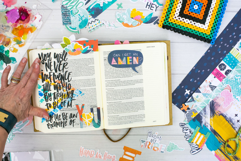 Mixed Media Bible Journaling Tutorial by Amy Bruce using Highligher Tape, All Peoples All Nations, and Brush Lettering Clear Stickers | Not of this World - Washi Tape Masking with Acrylics