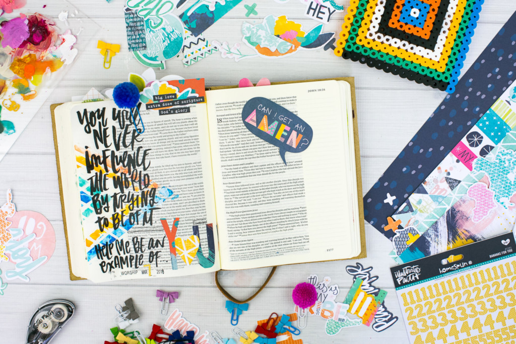 Mixed Media Bible Journaling Tutorial by Amy Bruce using Highligher Tape, All Peoples All Nations, and Brush Lettering Clear Stickers | Not of this World - Washi Tape Masking with Acrylics
