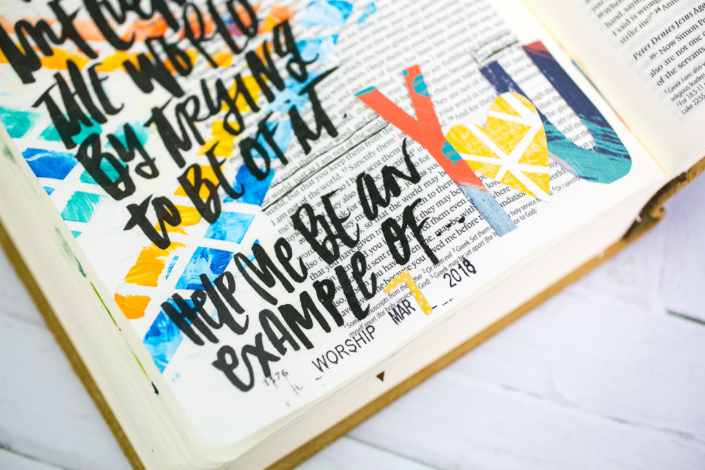 Mixed Media Bible Journaling Tutorial by Amy Bruce using Highligher Tape, All Peoples All Nations, and Brush Lettering Clear Stickers | Not of this World - Washi Tape Masking with Acrylics