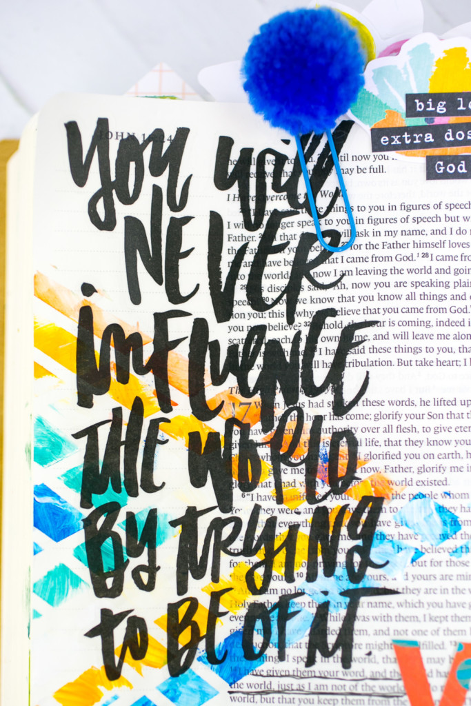 Mixed Media Bible Journaling Tutorial by Amy Bruce using Highligher Tape, All Peoples All Nations, and Brush Lettering Clear Stickers | Not of this World - Washi Tape Masking with Acrylics