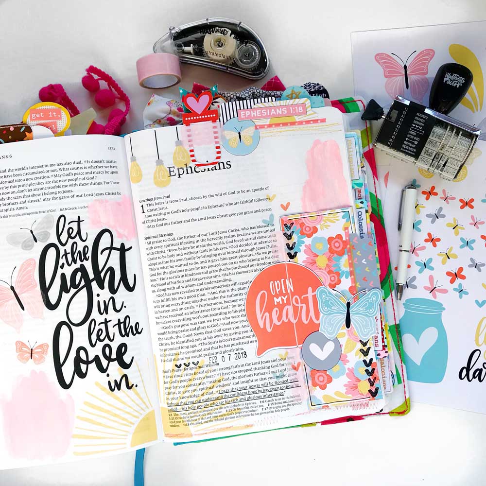 Mixed Media Hybrid Bible Journaling using digital printables by Cristin Howell | Open My Heart | Print and Pray Shop