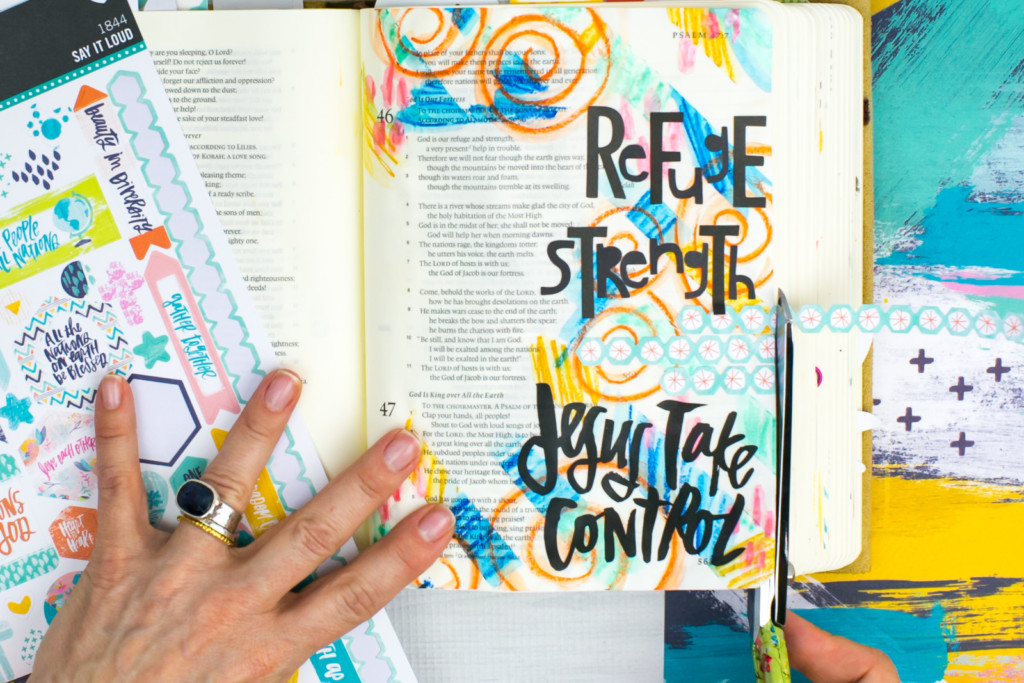 Mixed Media Bible Journaling Tutorial by Amy Bruce | Jesus Take Control | Washi Tape Masking and Gelatos