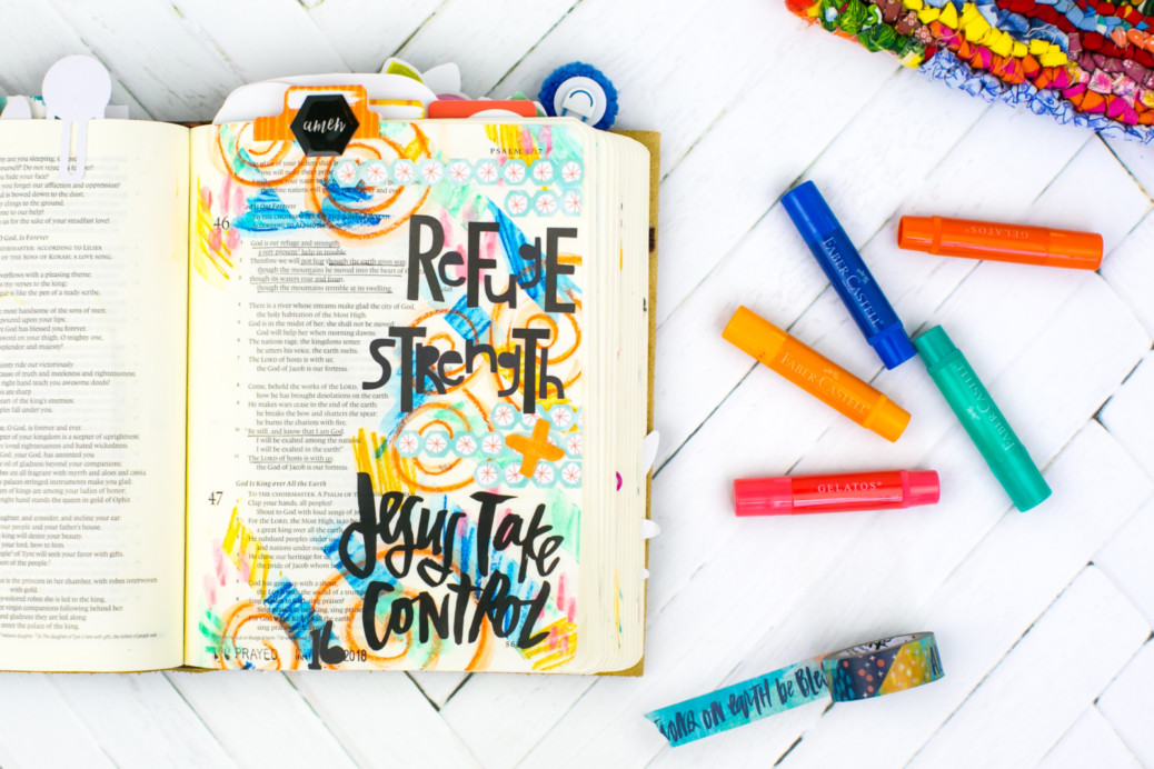 Mixed Media Bible Journaling Tutorial by Amy Bruce | Jesus Take Control | Washi Tape Masking and Gelatos