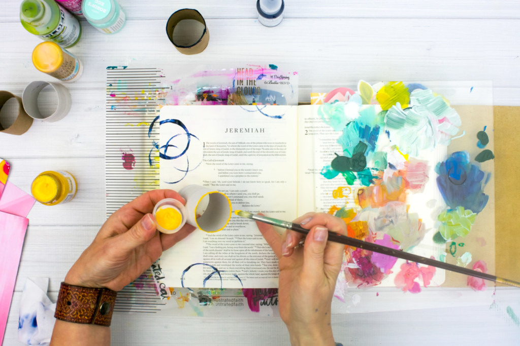Mixed Media Bible Journaling Tutorial by Amy Bruce | Known - Fun with Acrylics and Cardboard Rolls