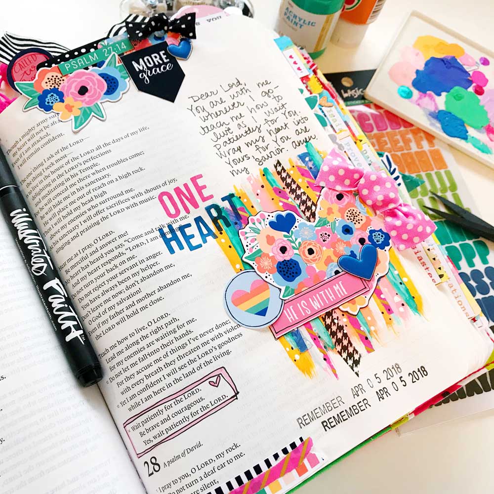 Mixed Media Print and Pray Bible Journaling by Cristin Howell using digital printables | One Heart