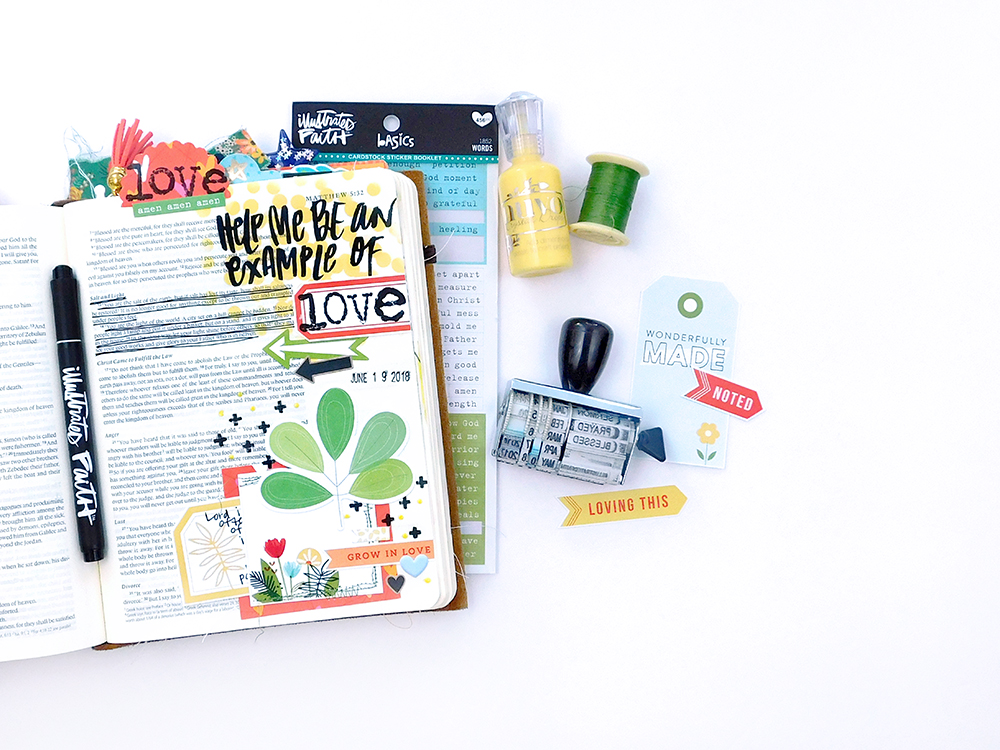 Print & Pray Hybrid Bible Journaling by Elaine Davis using digital printables | Example of Love